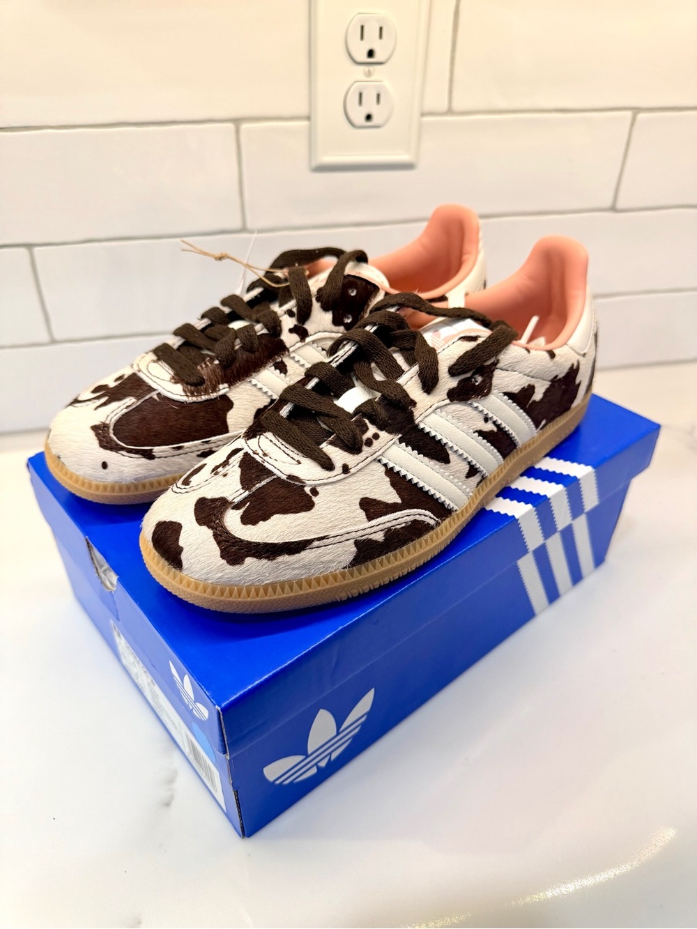 adidas Samba OG Cow Print Sneakers in Brown, White and Pink Interior - Picture 1 of 7